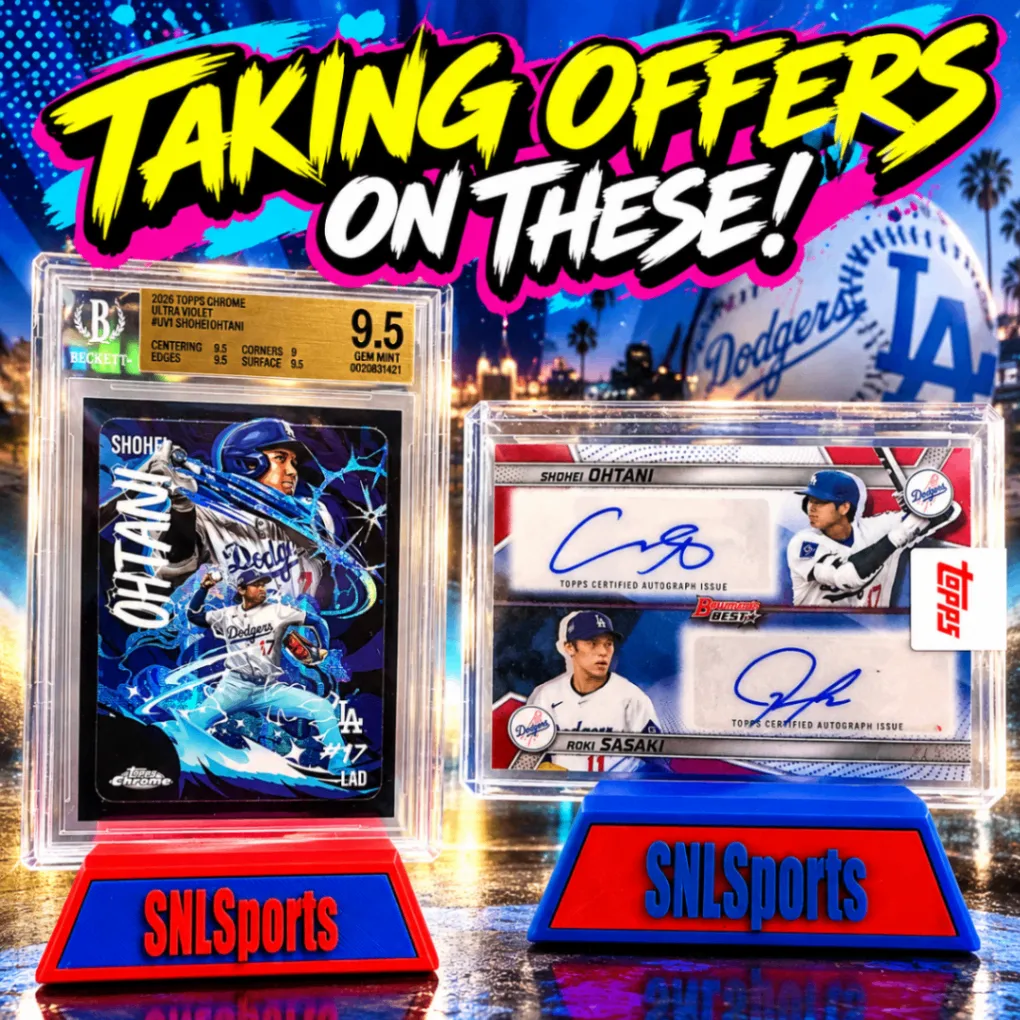 TAKING OFFERS ON THESE graphic featuring a BGS 9.5 Shohei Ohtani Ultra Violet card and an Ohtani and Roki Sasaki dual autograph card on SNL Sports stands